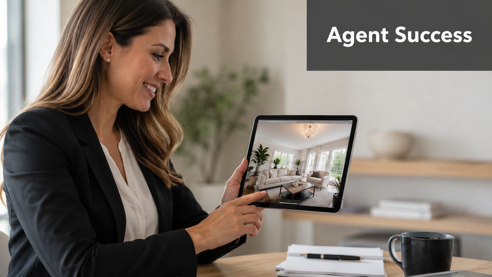 A smiling real estate agent showcasing a living room interior design on a digital tablet screen.