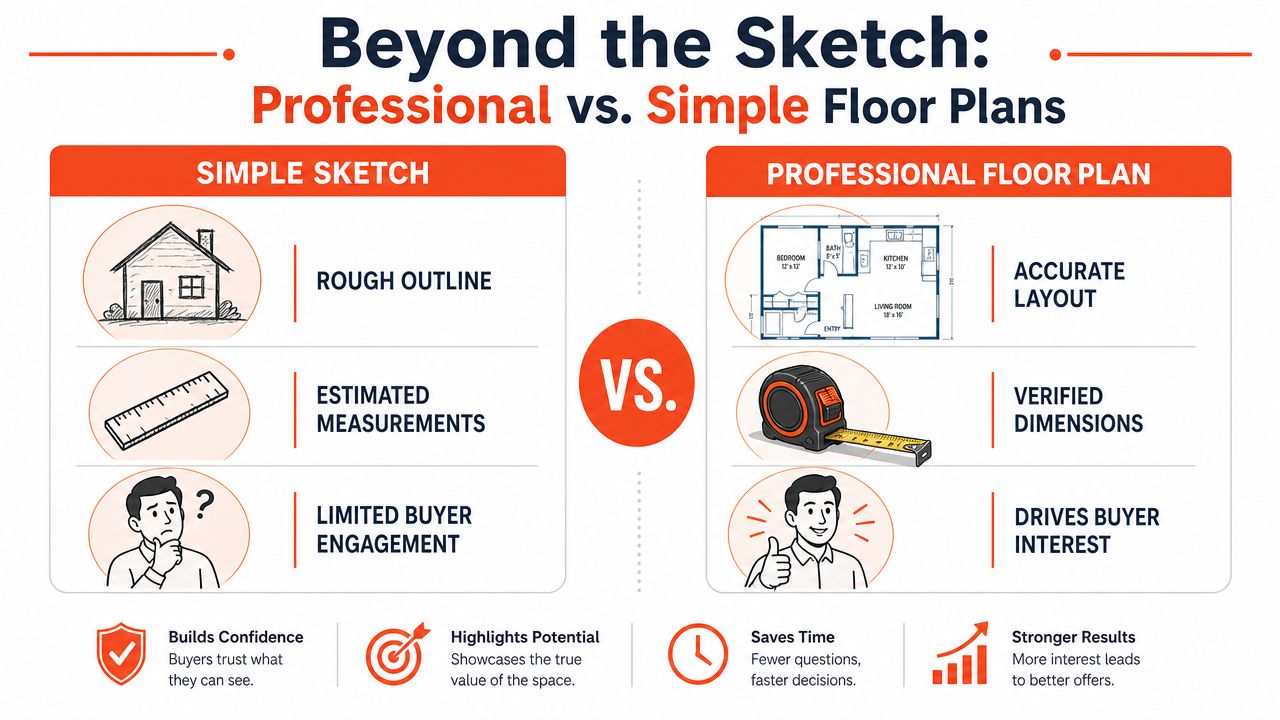 A comparison infographic between simple home sketches and detailed professional real estate floor plans for buyers.