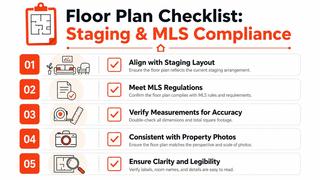 A checklist graphic for floor plan staging and MLS compliance with five key accuracy steps.