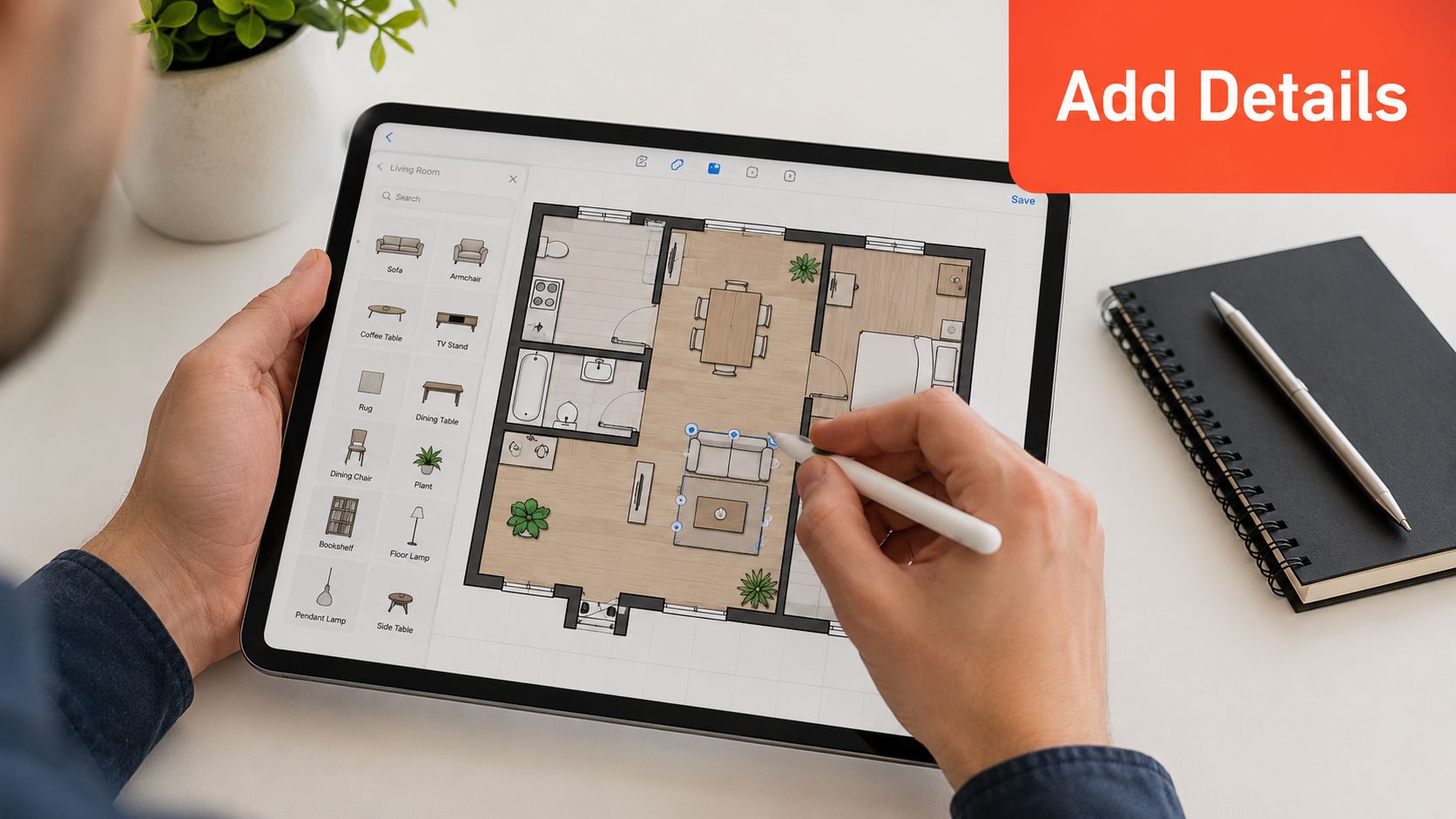 A person using a stylus on a tablet to design a detailed apartment floor plan template.