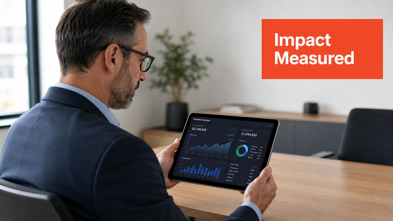 A professional man in a suit reviews financial investment data on a tablet in his modern office.