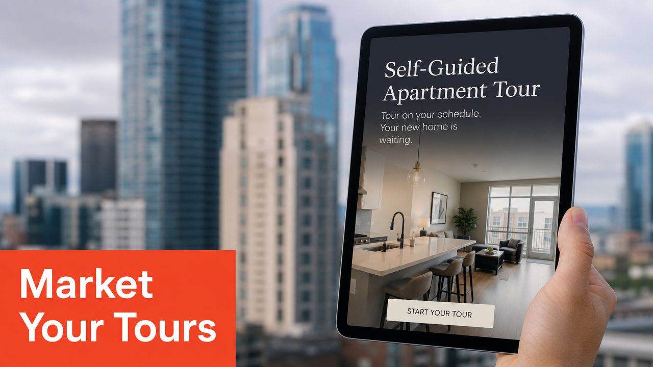 A hand holds a digital tablet displaying an invitation for a self-guided apartment tour service.