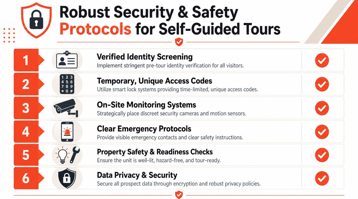 An infographic detailing six robust security and safety protocols designed for self-guided apartment tours.