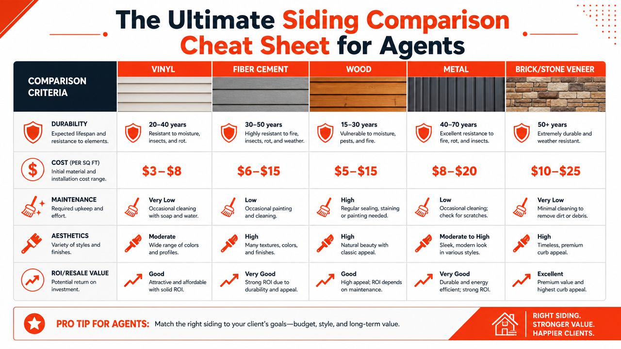 A comprehensive comparison chart for real estate agents outlining the durability, cost, maintenance, and aesthetics of different siding types.
