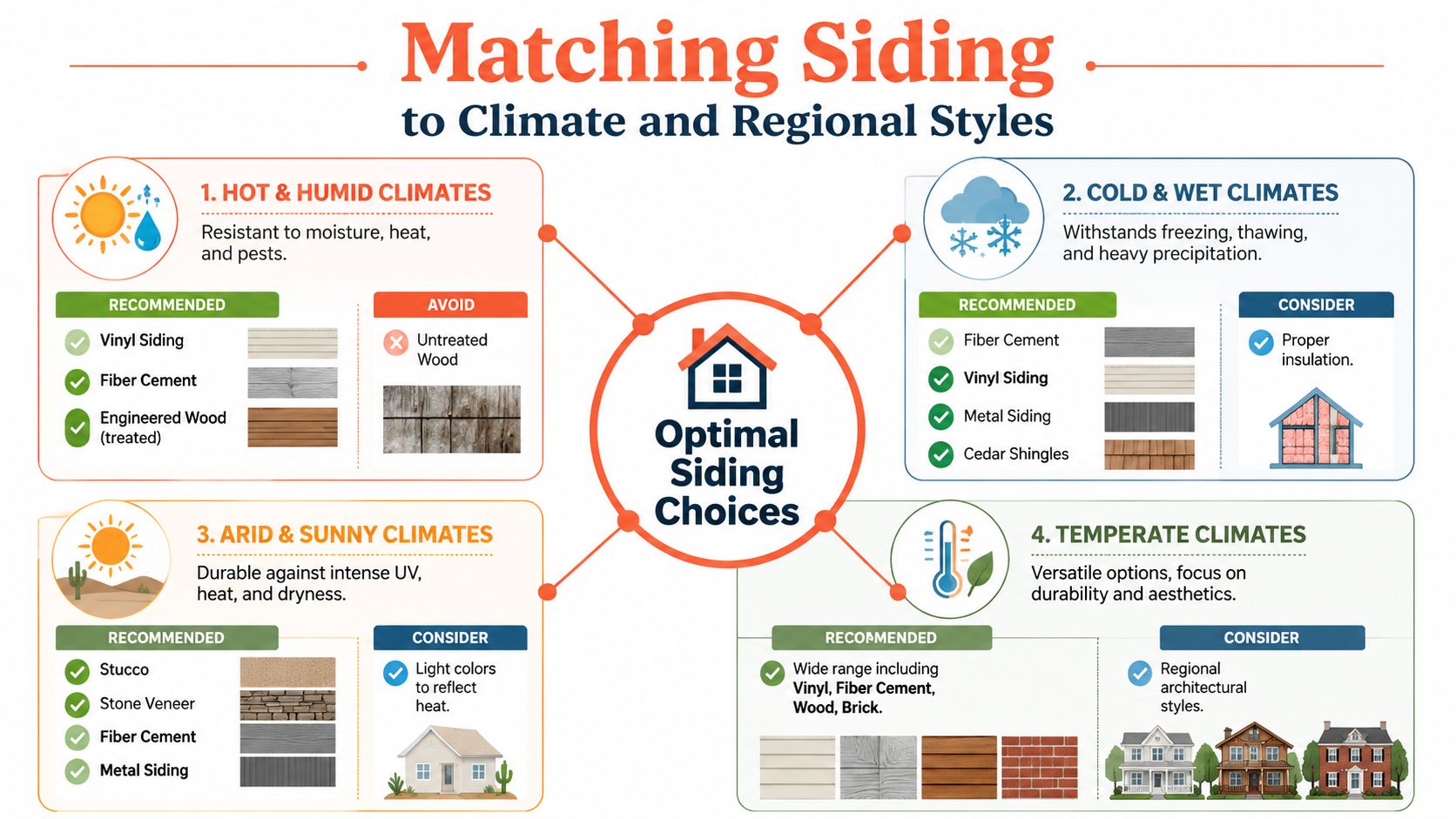 An infographic showing optimal home siding material recommendations based on four different climate types and regional weather.