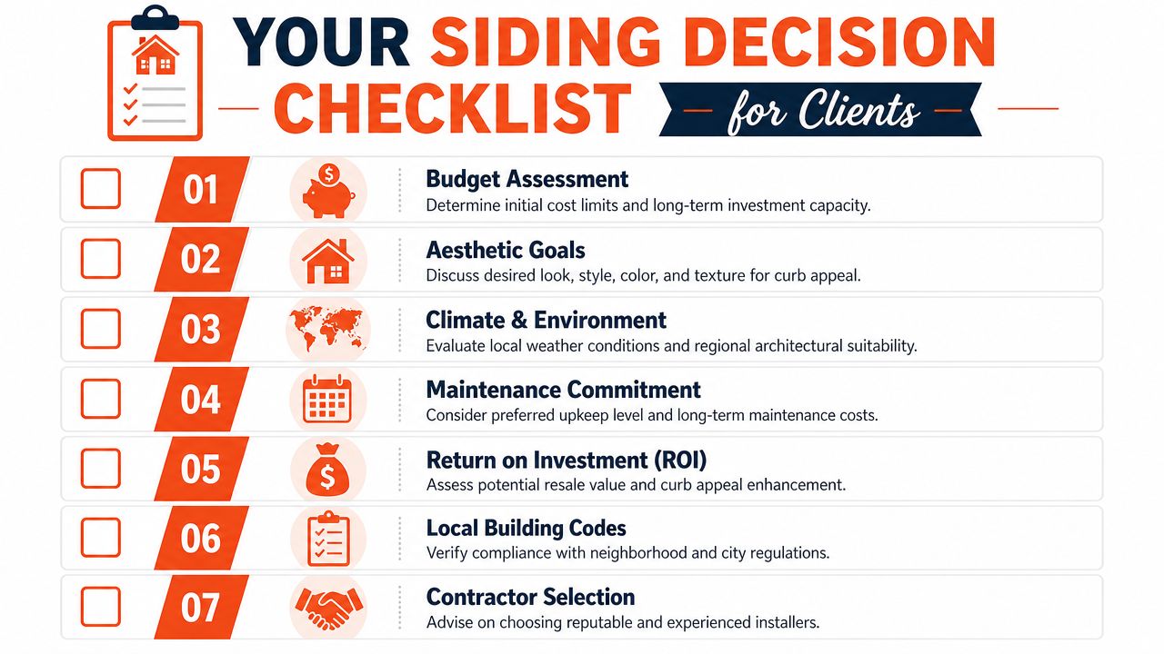 A checklist infographic titled Your Siding Decision Checklist for Clients outlining seven key steps for homeowners.