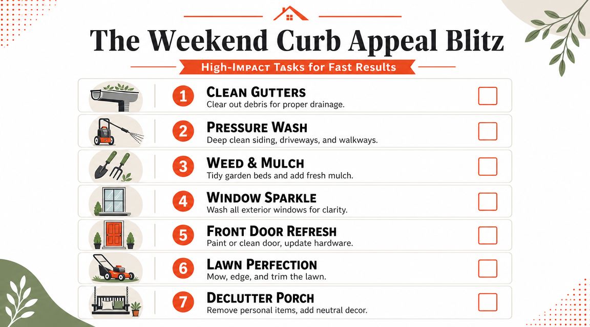 A checklist titled The Weekend Curb Appeal Blitz featuring seven essential home maintenance tasks for better curb appeal.