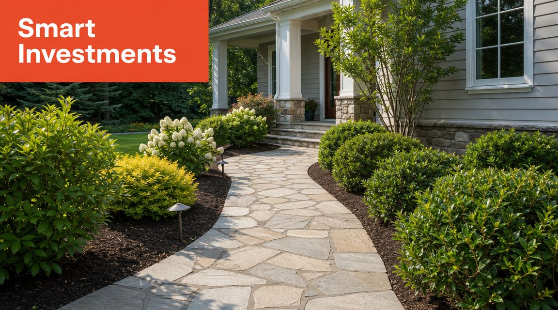 A beautiful stone walkway leading to the front porch of a well-landscaped house with lush green bushes.