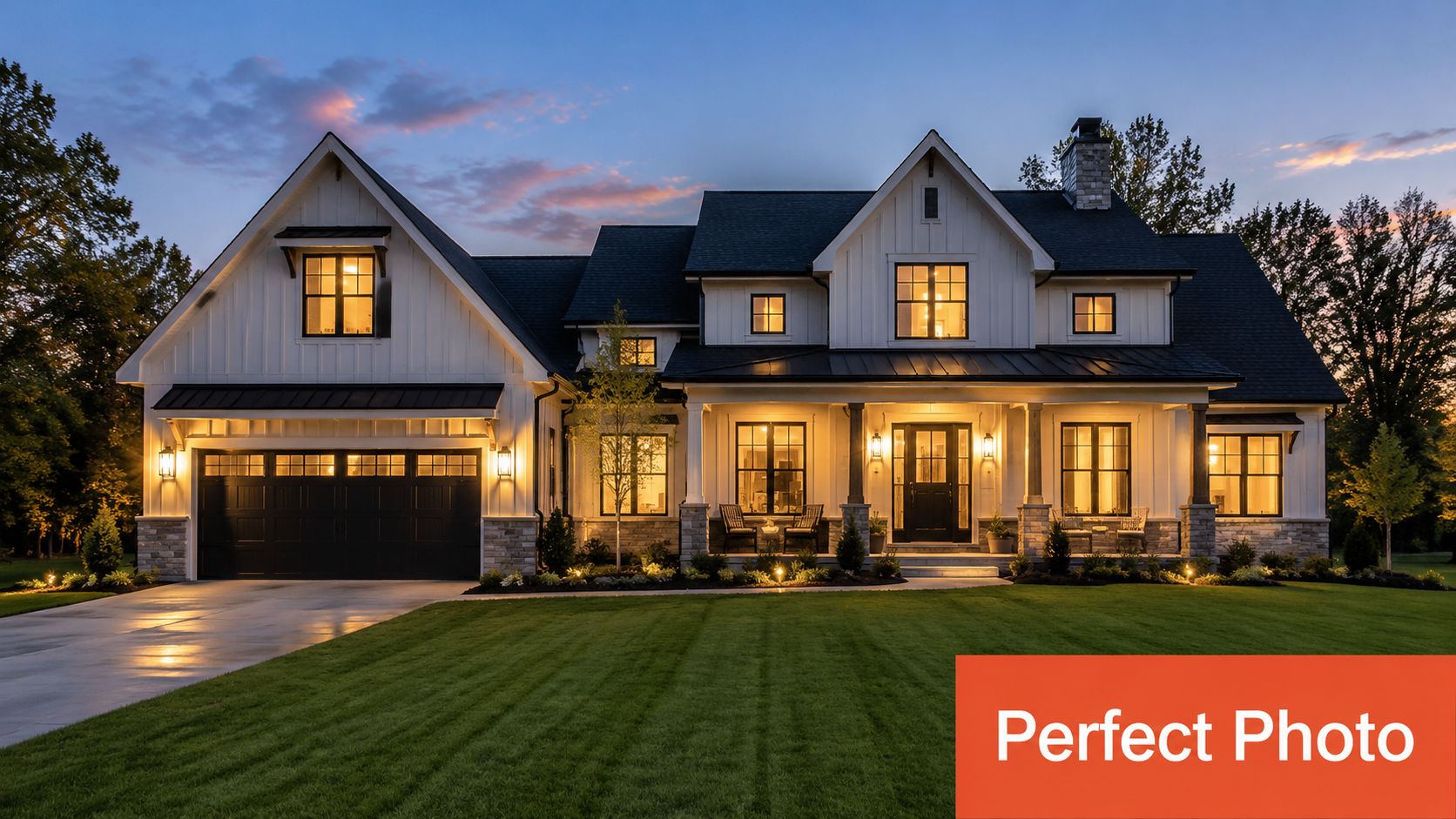 A beautiful modern farmhouse with white siding, dark windows, and a manicured lawn at twilight.