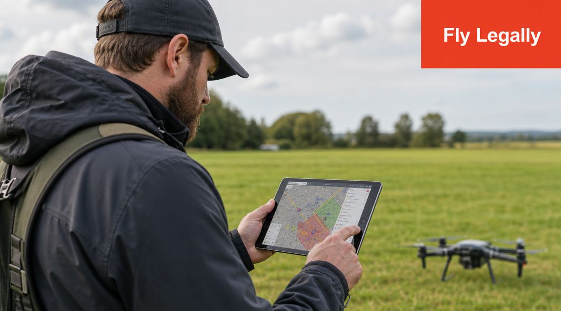 A drone operator checking restricted flight zones on a tablet in a green field with a drone.