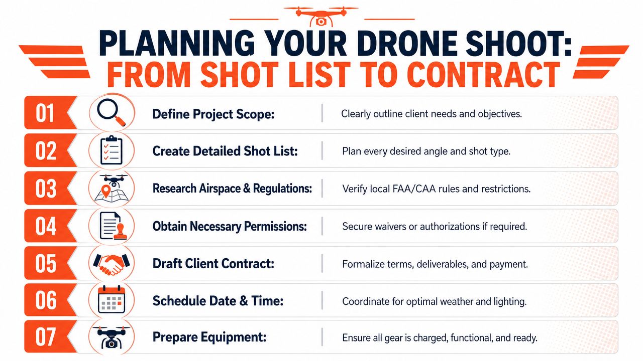 A step-by-step infographic titled Planning Your Drone Shoot illustrating seven essential preparation stages for drone photography.