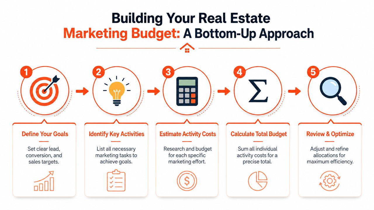 A five-step infographic showing how to build a bottom-up real estate marketing budget with icons and descriptions.