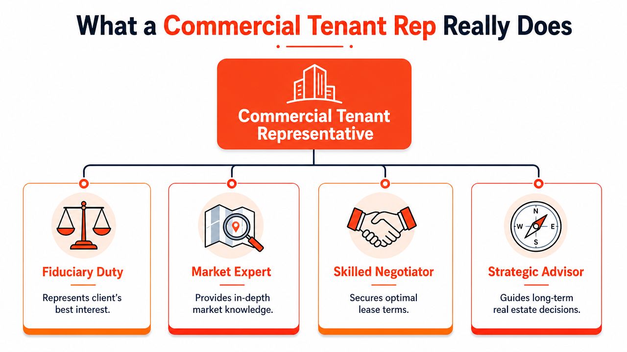 A diagram explaining the four key roles and responsibilities of a commercial tenant representative in real estate.