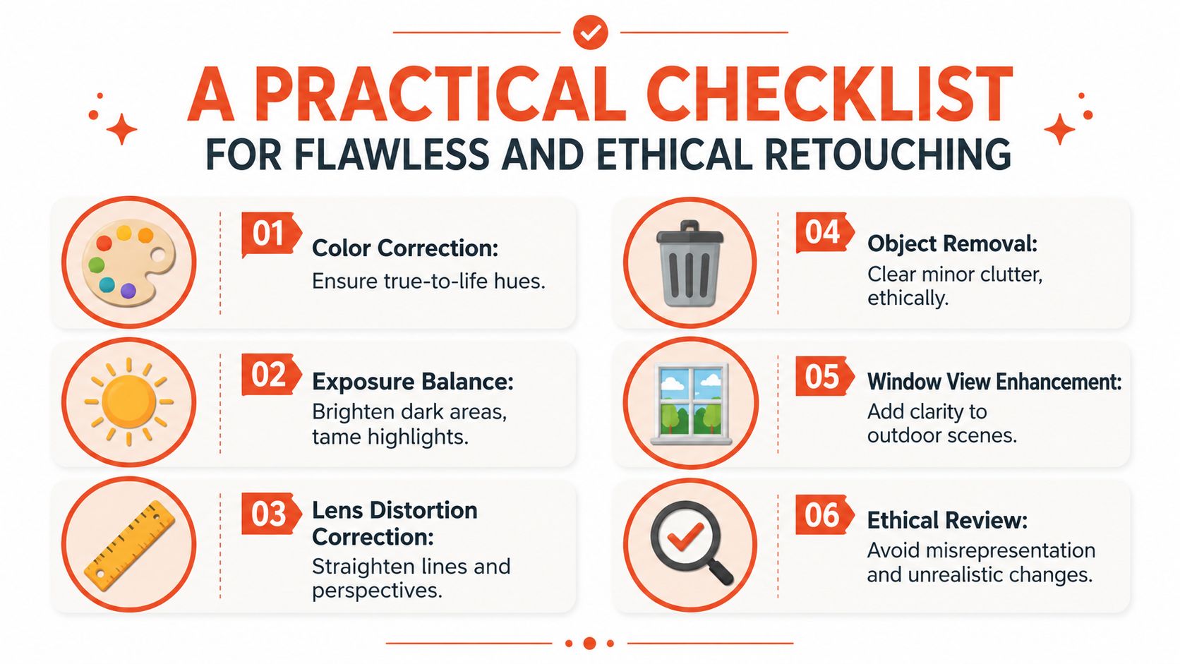 A checklist infographic titled A Practical Checklist for Flawless and Ethical Retouching for professional photography.
