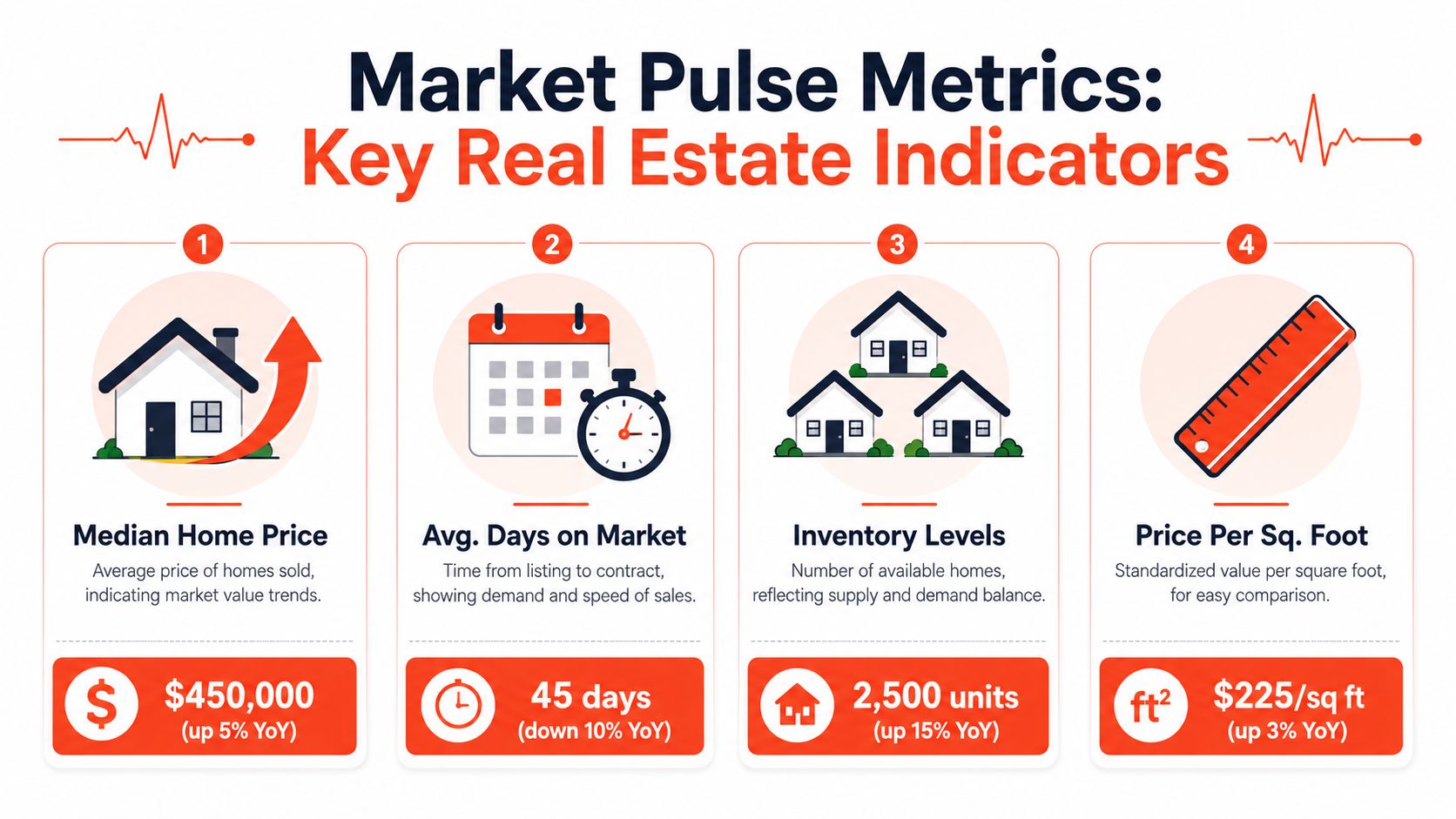 An infographic showing four key real estate indicators including price, market speed, inventory, and cost per square foot.