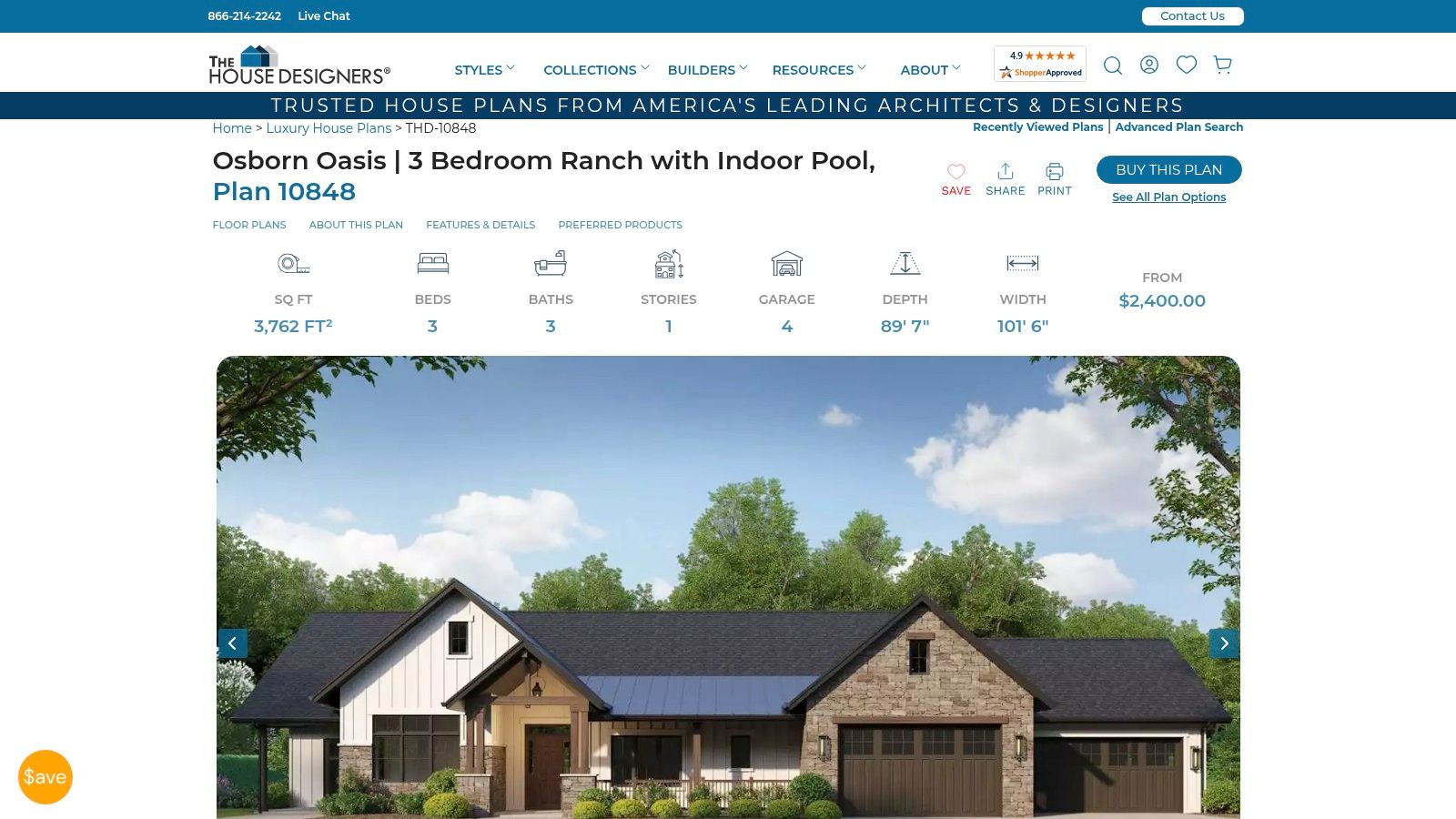 The House Designers – Plan THD‑10848 'Osborn Oasis': 1‑Story Ranch with Indoor Pool