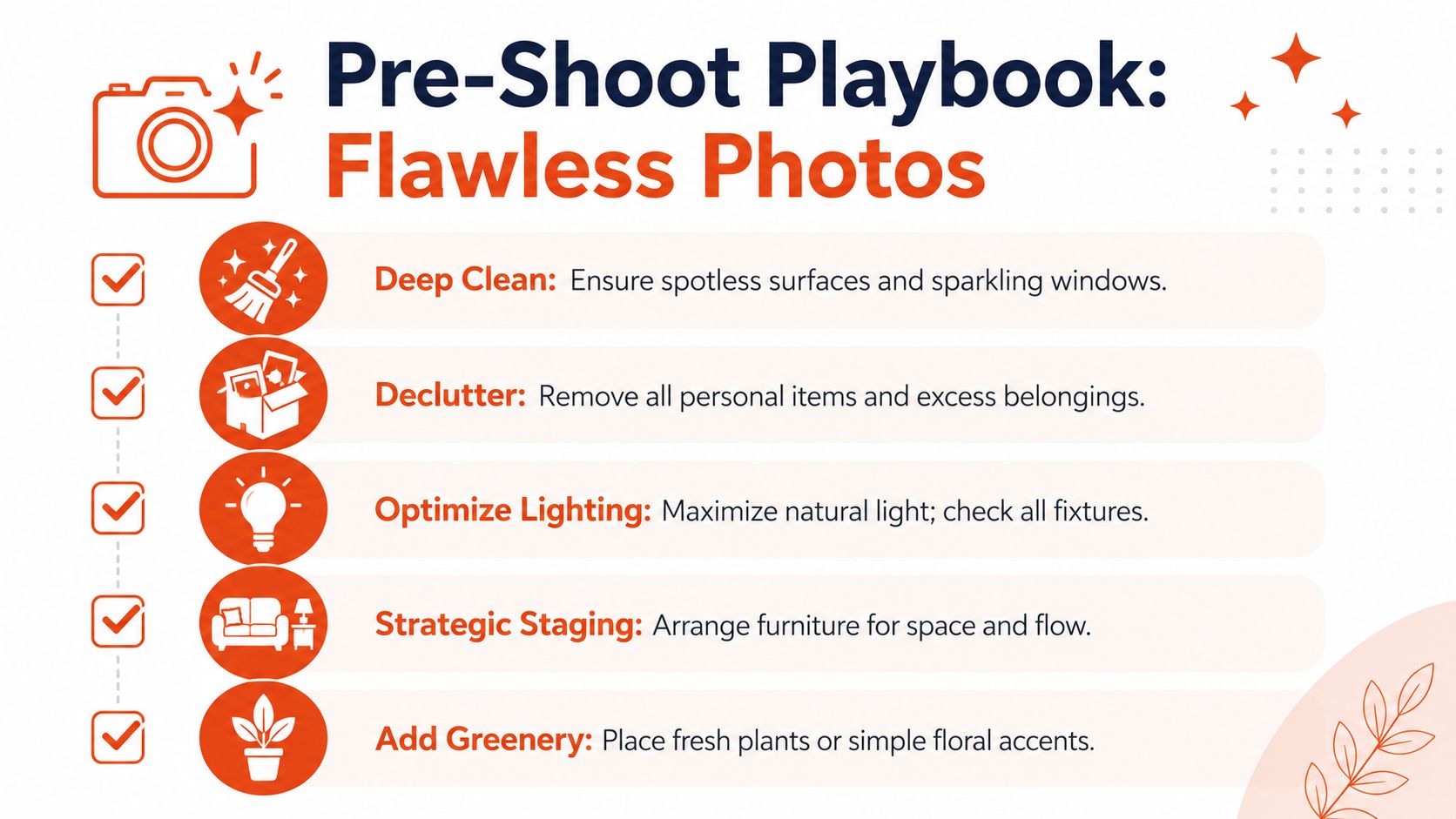 A checklist titled Pre-Shoot Playbook for Flawless Photos featuring tips for home staging and photography preparation.