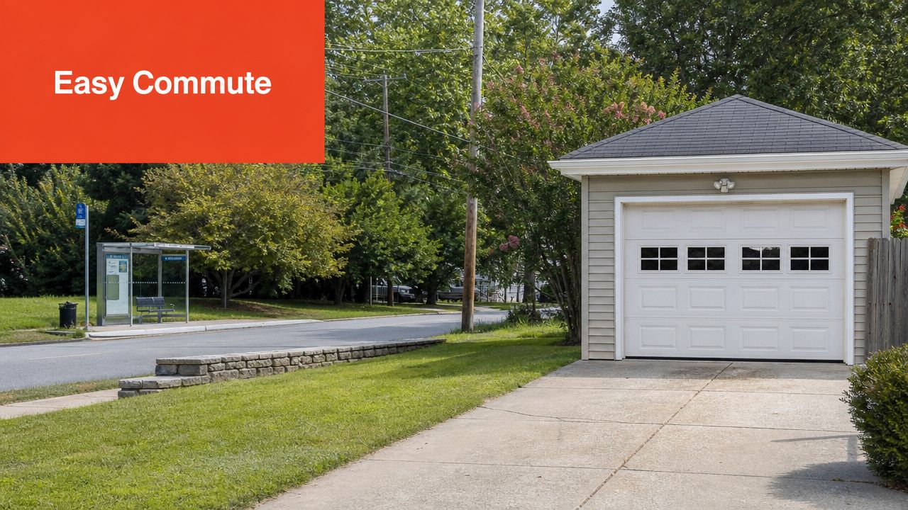 A quiet suburban residential street featuring a small detached garage next to a public bus stop shelter.
