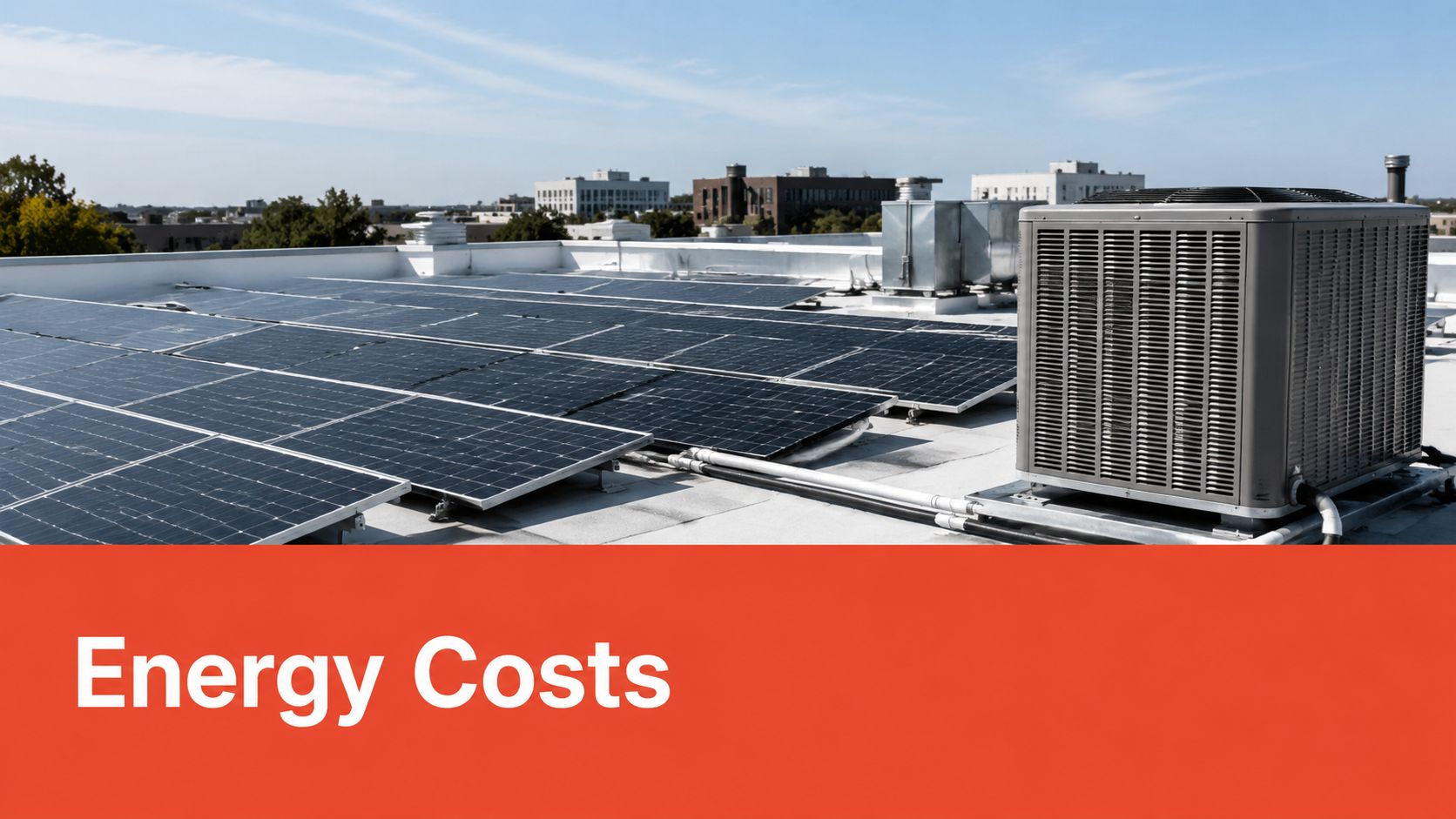 Solar panels installed on a commercial building rooftop next to an air conditioning unit under a sunny sky.