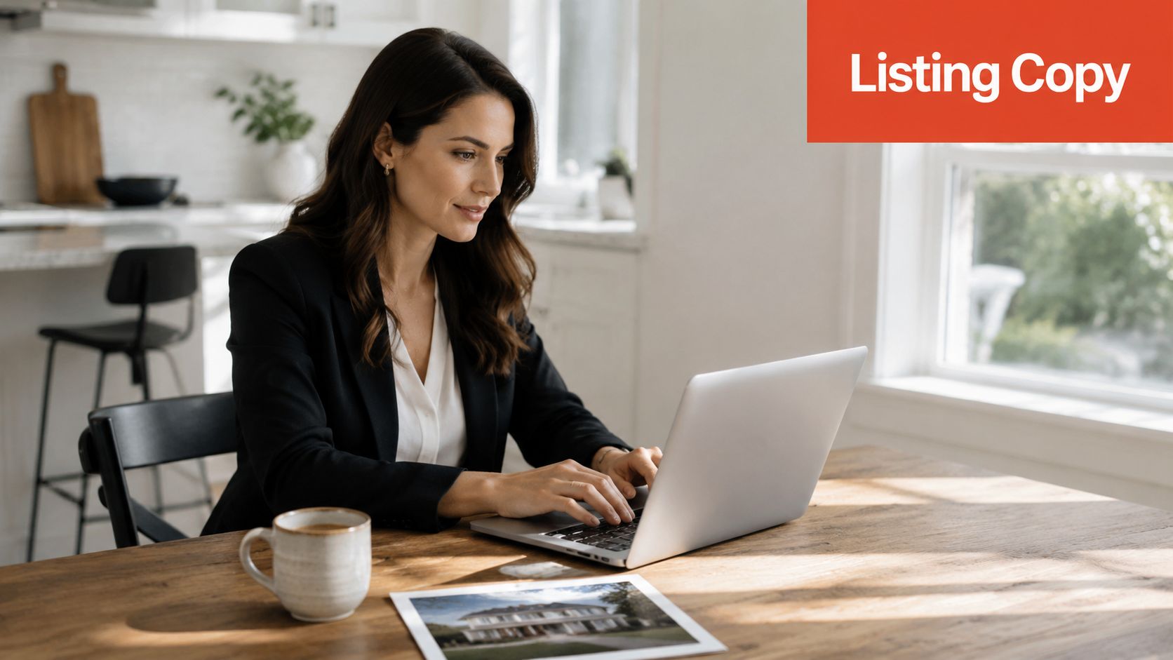 A professional woman in a blazer working on a laptop at a table with a home photo.