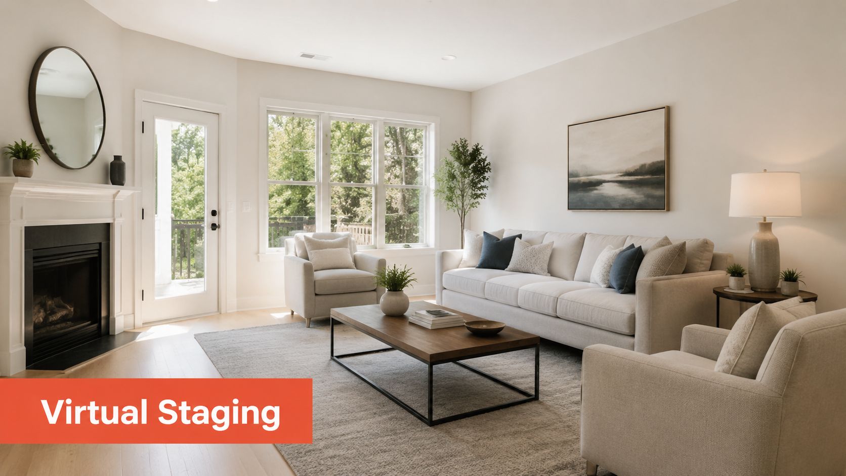 A modern, bright, and elegantly furnished living room showcasing virtual staging with neutral furniture and decor.