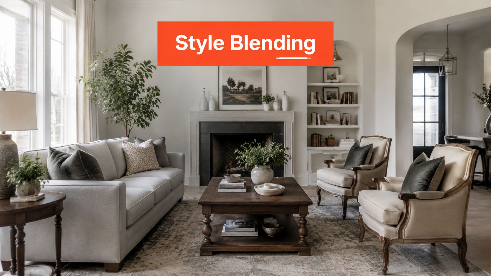 A sophisticated transitional living room featuring a cozy fireplace, neutral furniture, and elegant decorative accents.