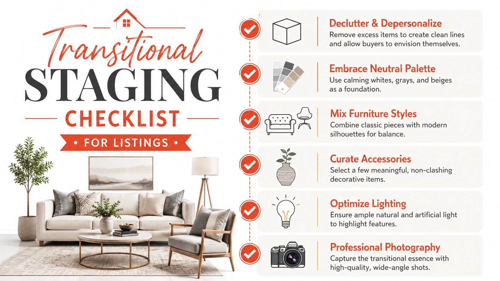 A transitional staging checklist graphic for real estate listings, featuring six essential interior design tips.