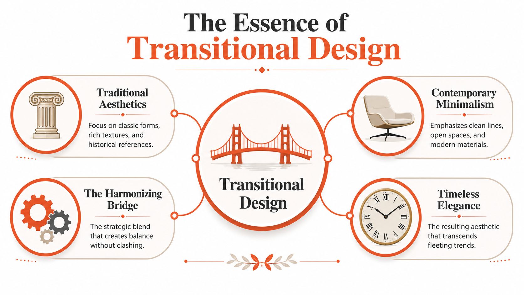A diagram illustrating the essence of transitional design, showing how traditional aesthetics and contemporary minimalism balance.
