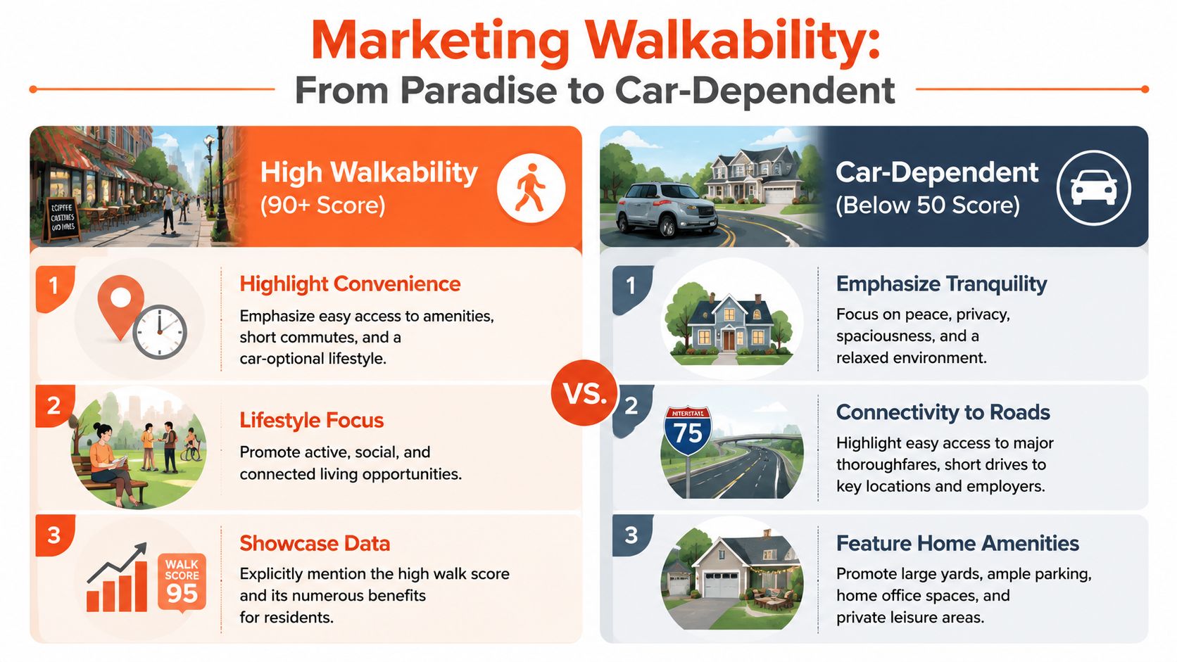 An infographic comparing marketing strategies for high-walkability urban neighborhoods and car-dependent suburban residential areas.