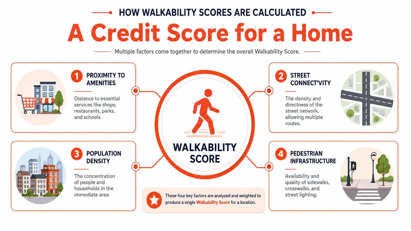 An infographic showing the four key factors used to calculate walkability scores for a home location.