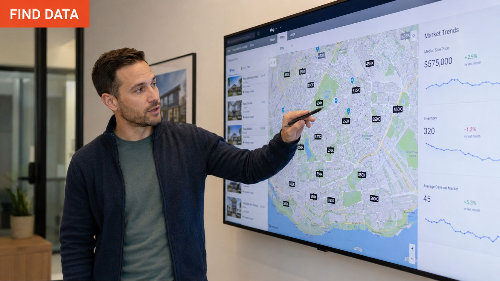 A professional man pointing at a digital map displaying real estate market data and property values.