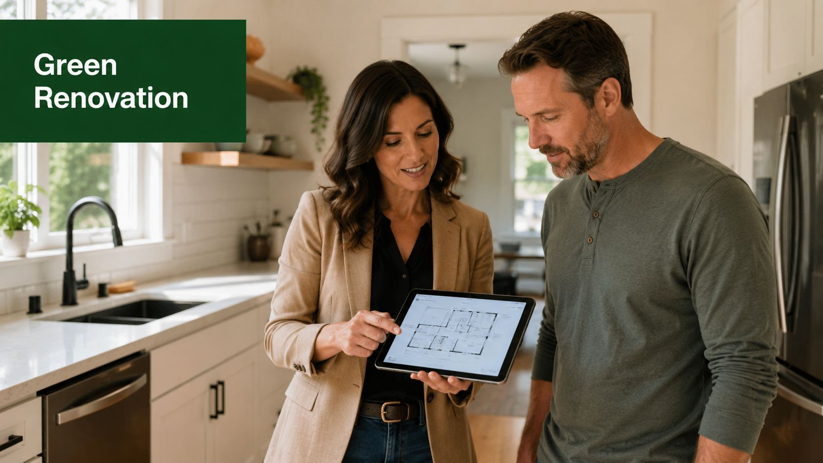 A woman and a man reviewing architectural floor plans on a tablet in a modern kitchen.