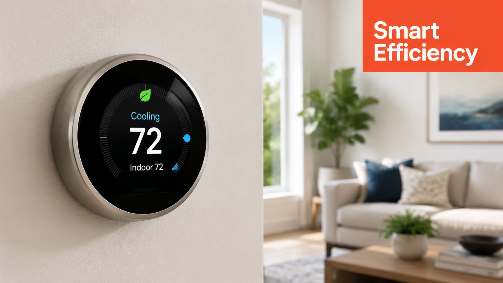 A modern smart thermostat on a wall displaying cooling at seventy-two degrees in a living room.