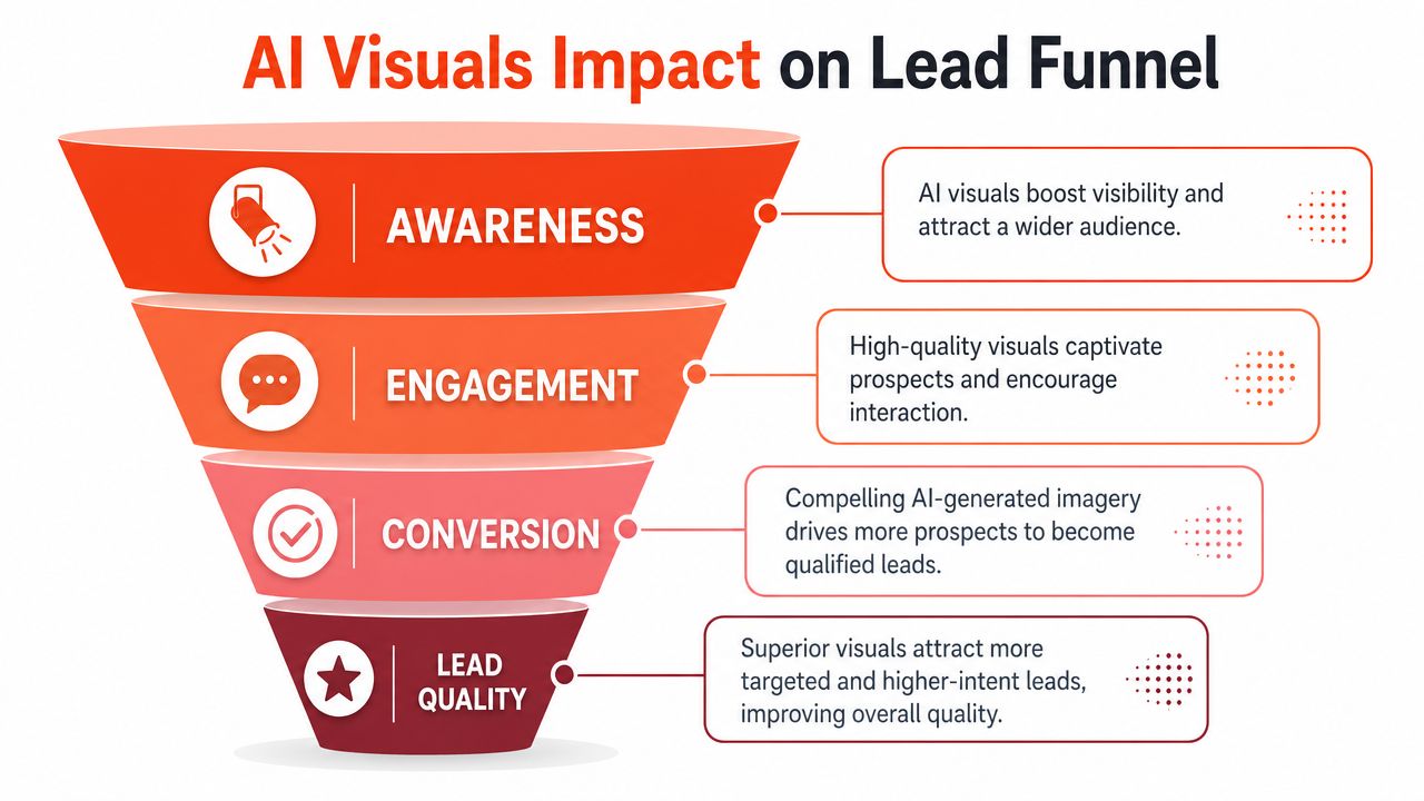 A funnel diagram illustrating how AI-generated visuals positively impact awareness, engagement, conversion, and lead quality in marketing.
