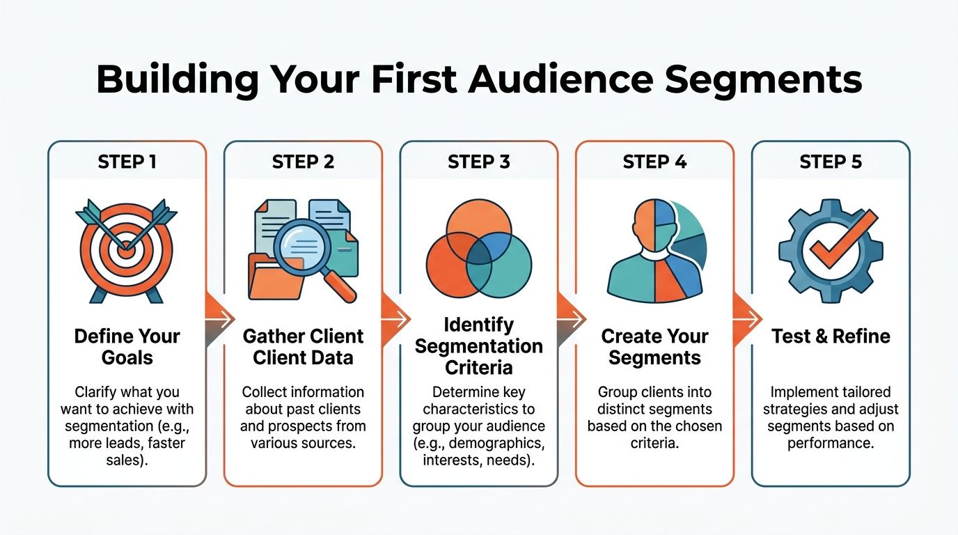 A five-step infographic showing the process for building and refining effective audience segments for marketing.