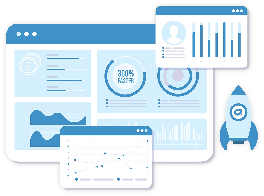 Dashboard with charts, data, and a rocket