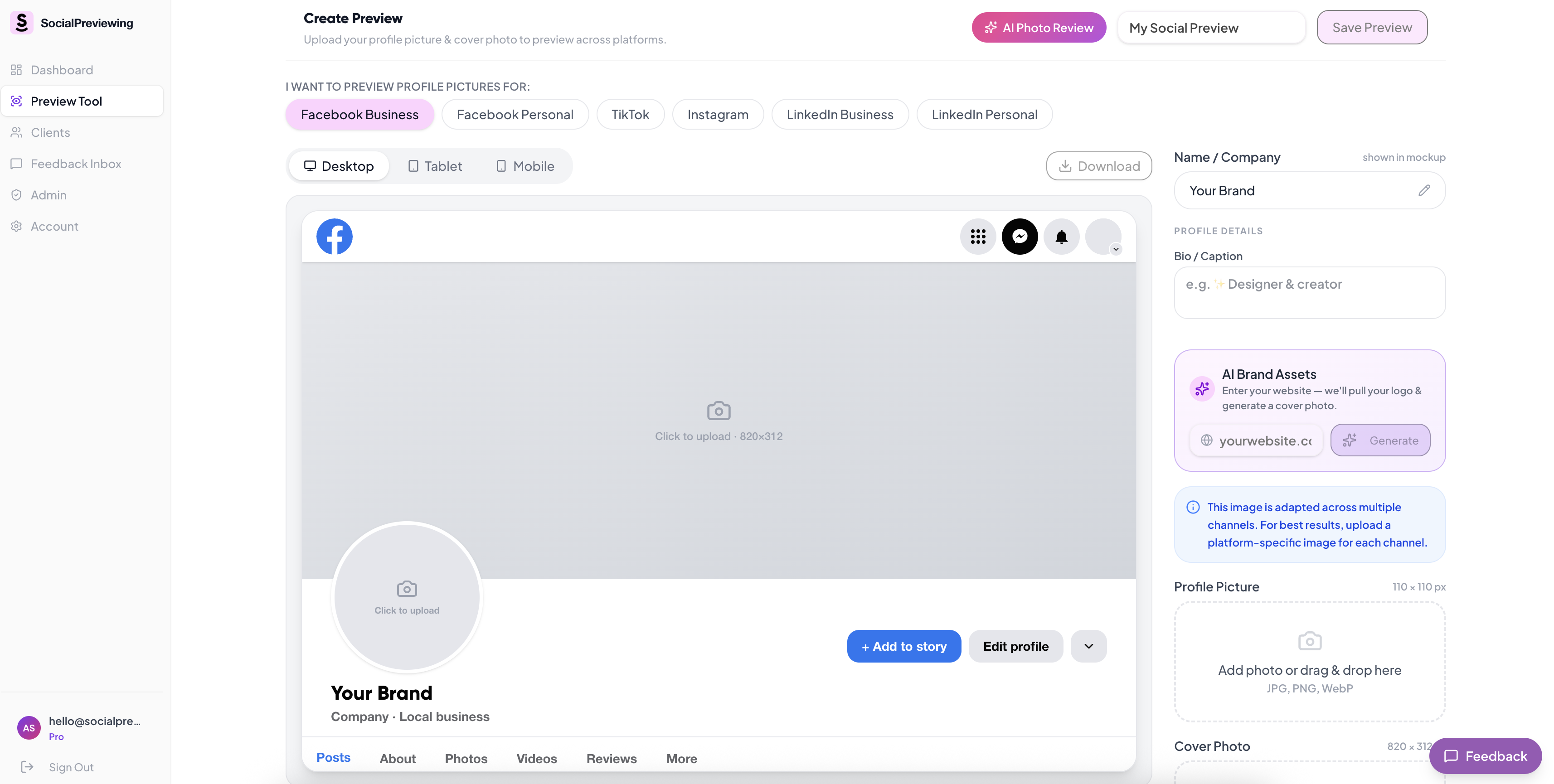 SocialPreviewing app — create preview tool
