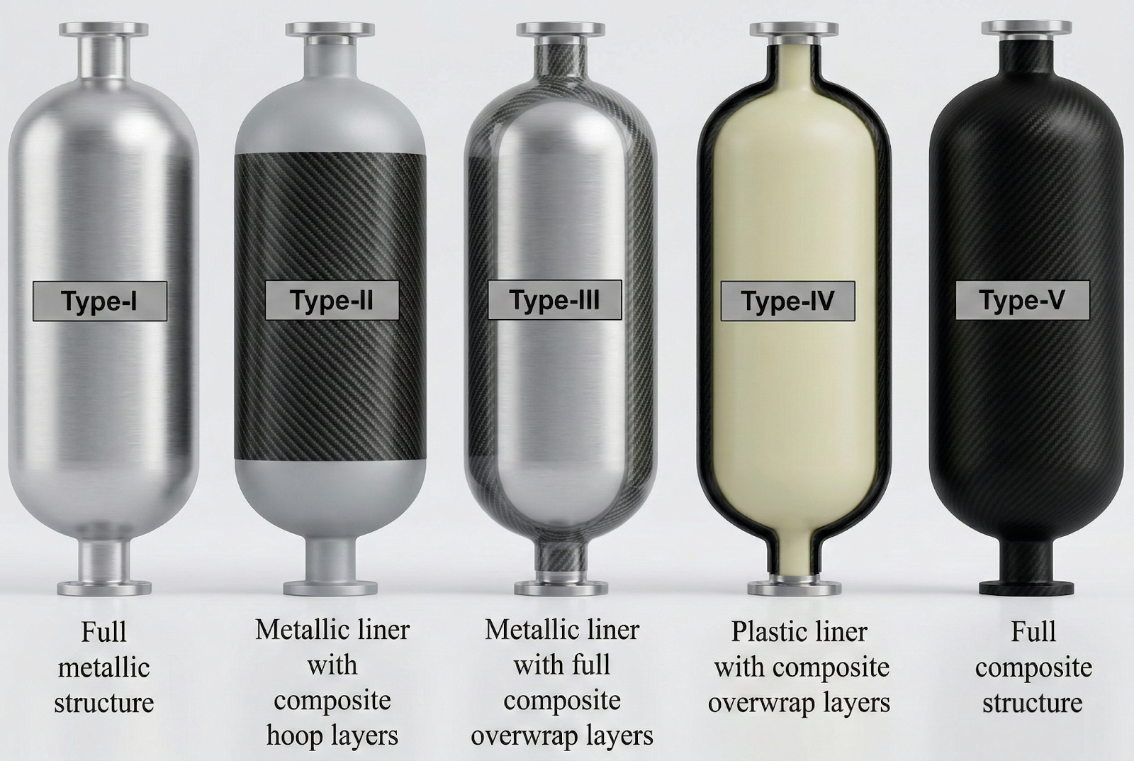 Composite pressure vessel types from Type I to Type V