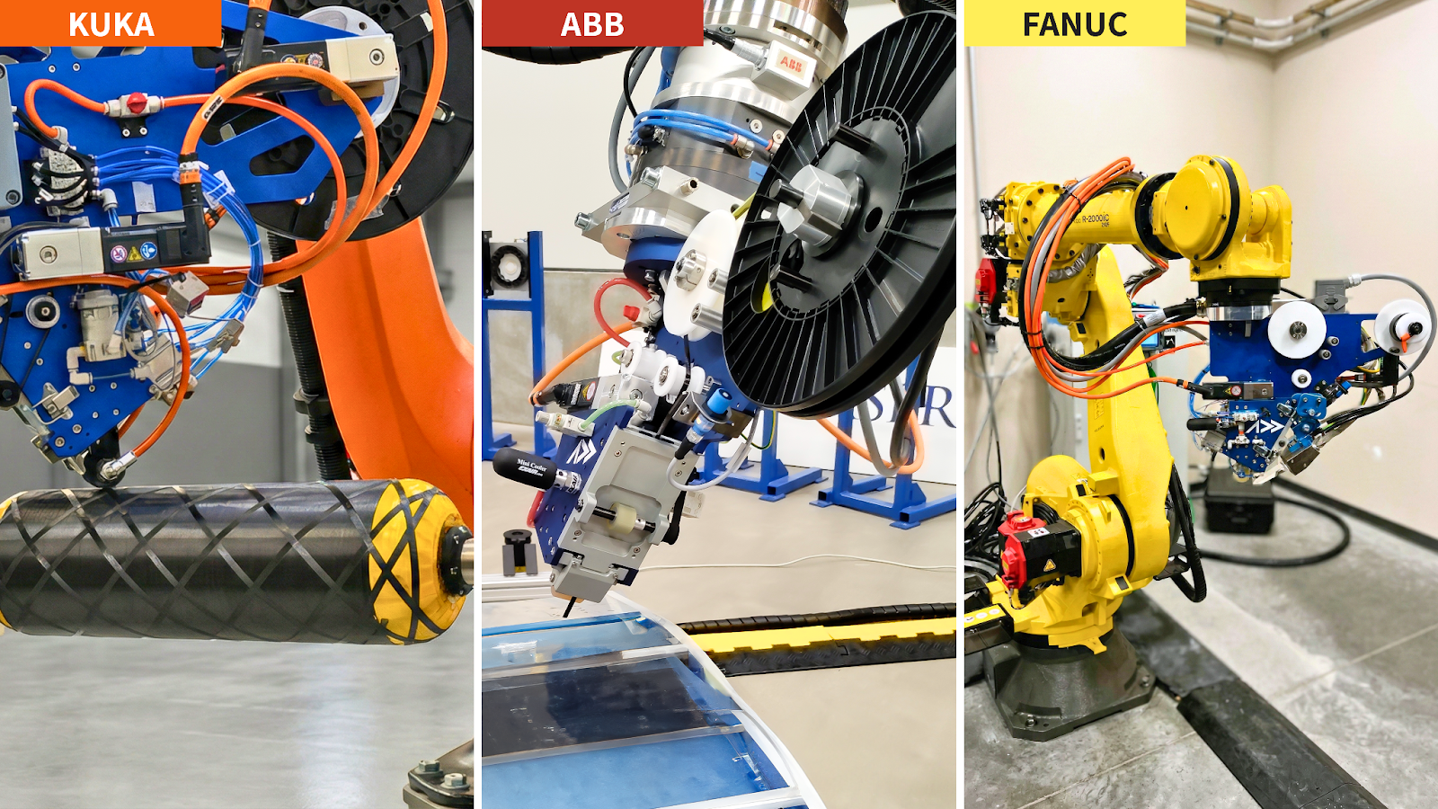 One AFP head, three robot brands — KUKA, ABB, and FANUC