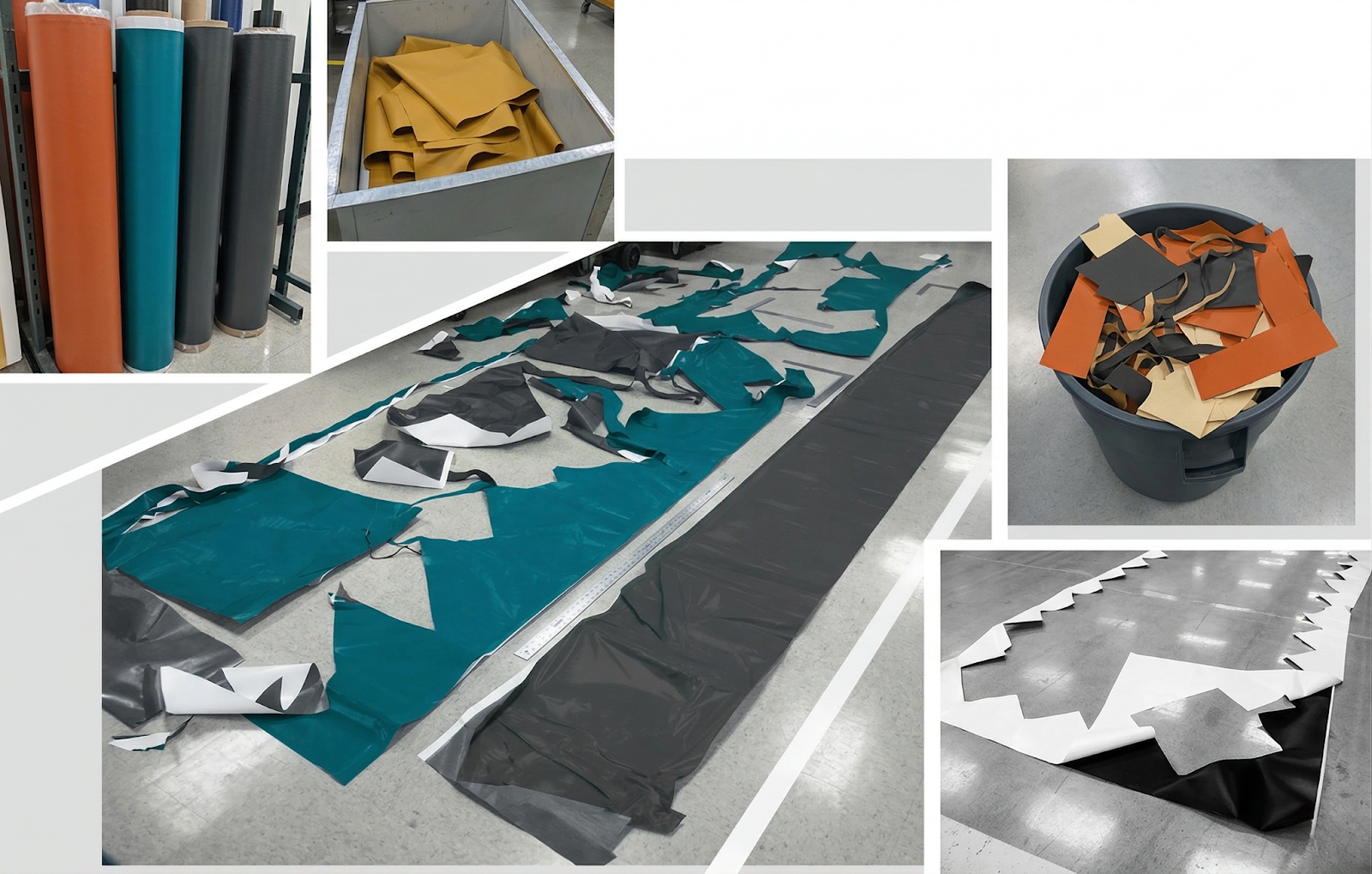 Prepreg rolls and cutting-floor offcuts showing 30–40% material waste in manual composite layup