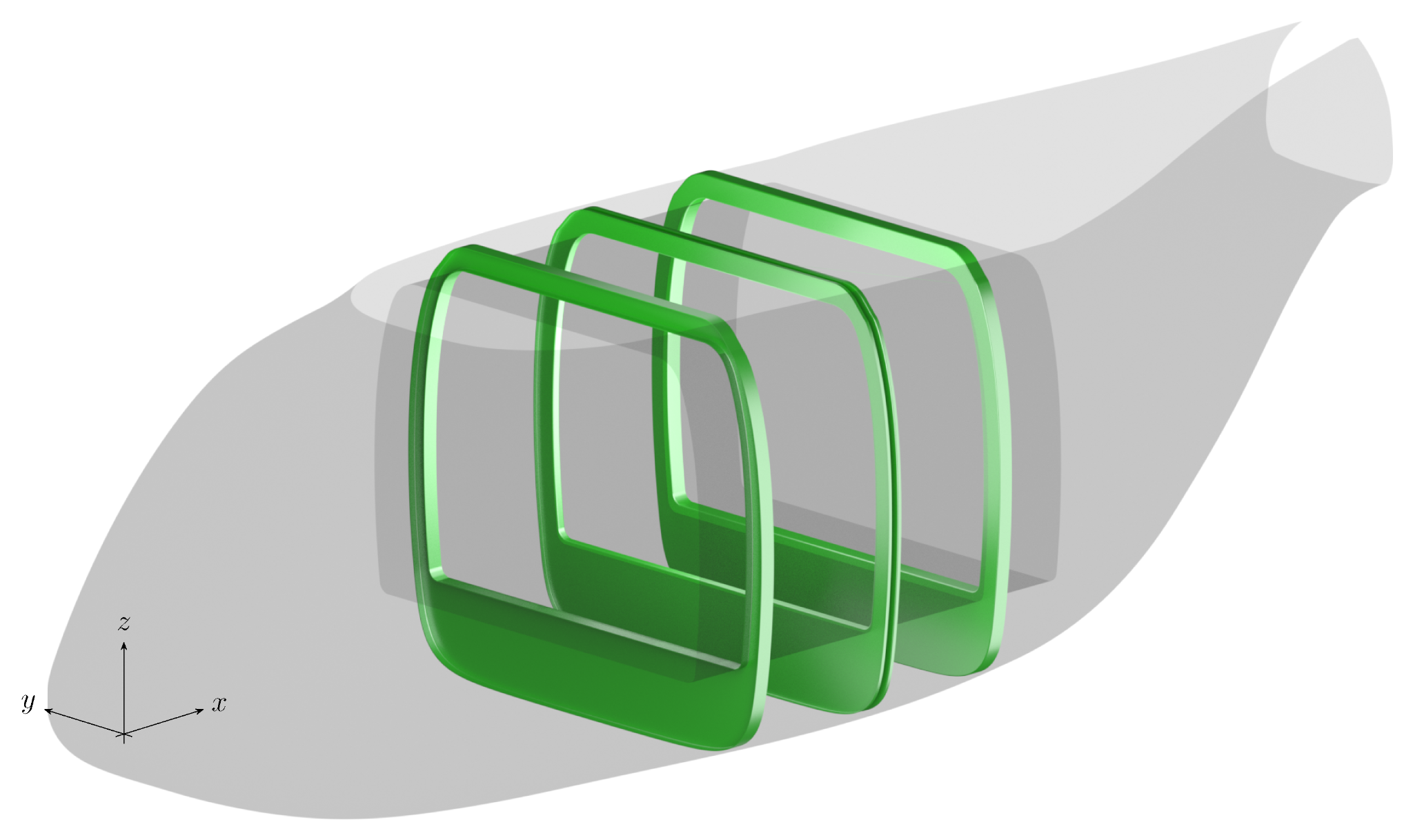 Three frame variants — I, Ω, and C profiles — auto-generated at different fuselage positions