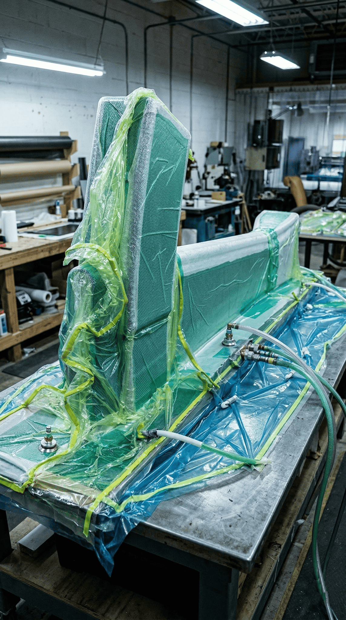 Vacuum-bagged composite layup ready for compaction and cure