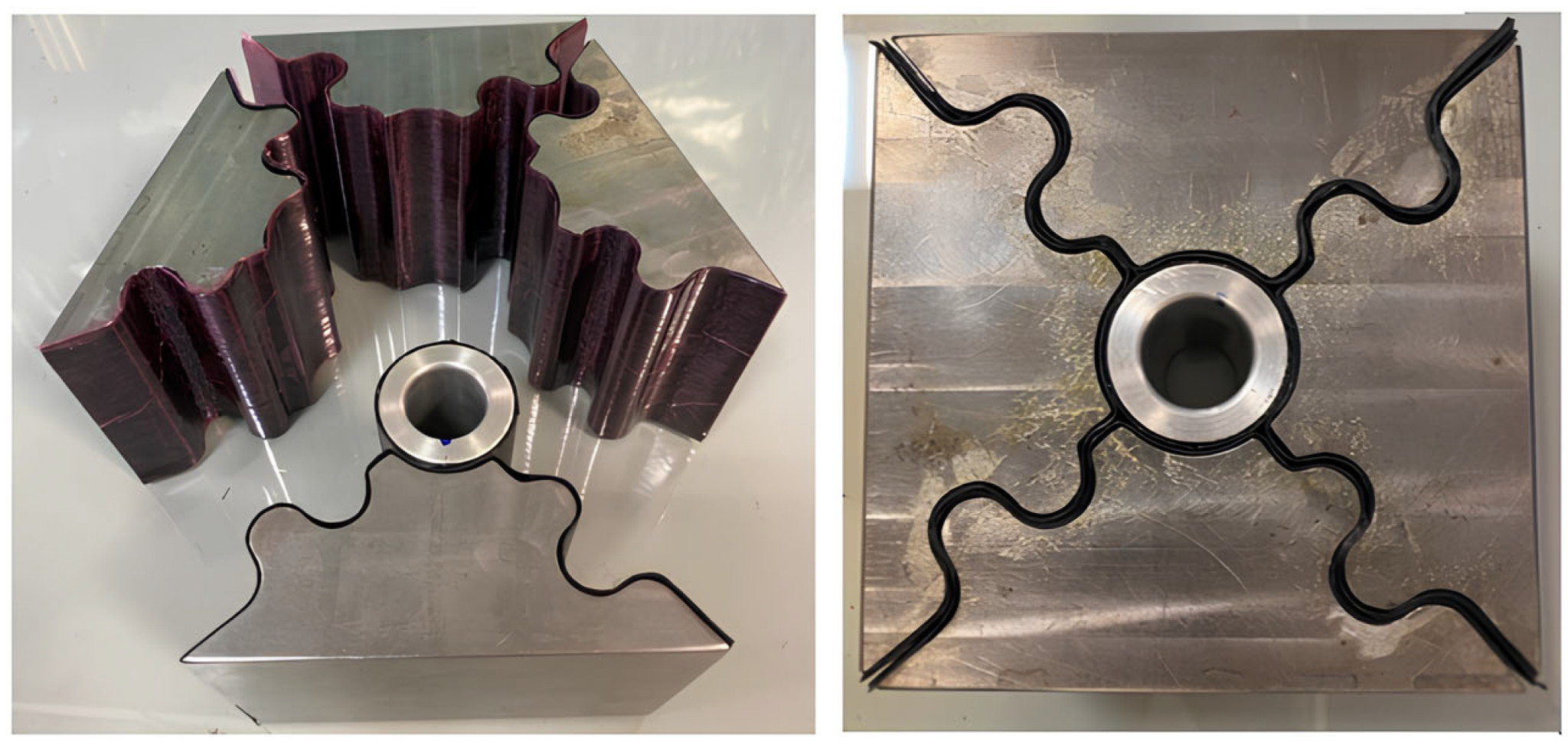 Steel split-die mould assembly with carbon/epoxy prepreg plies