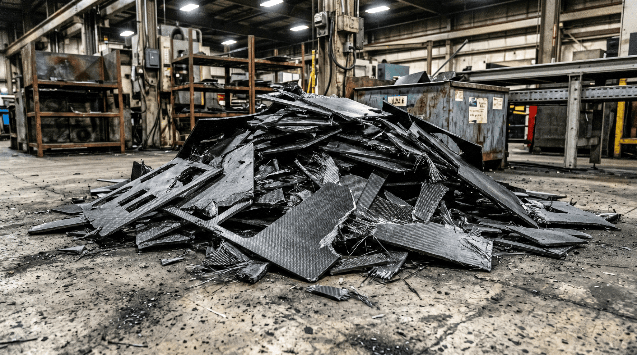 CFRP manufacturing scrap accumulating on a factory floor