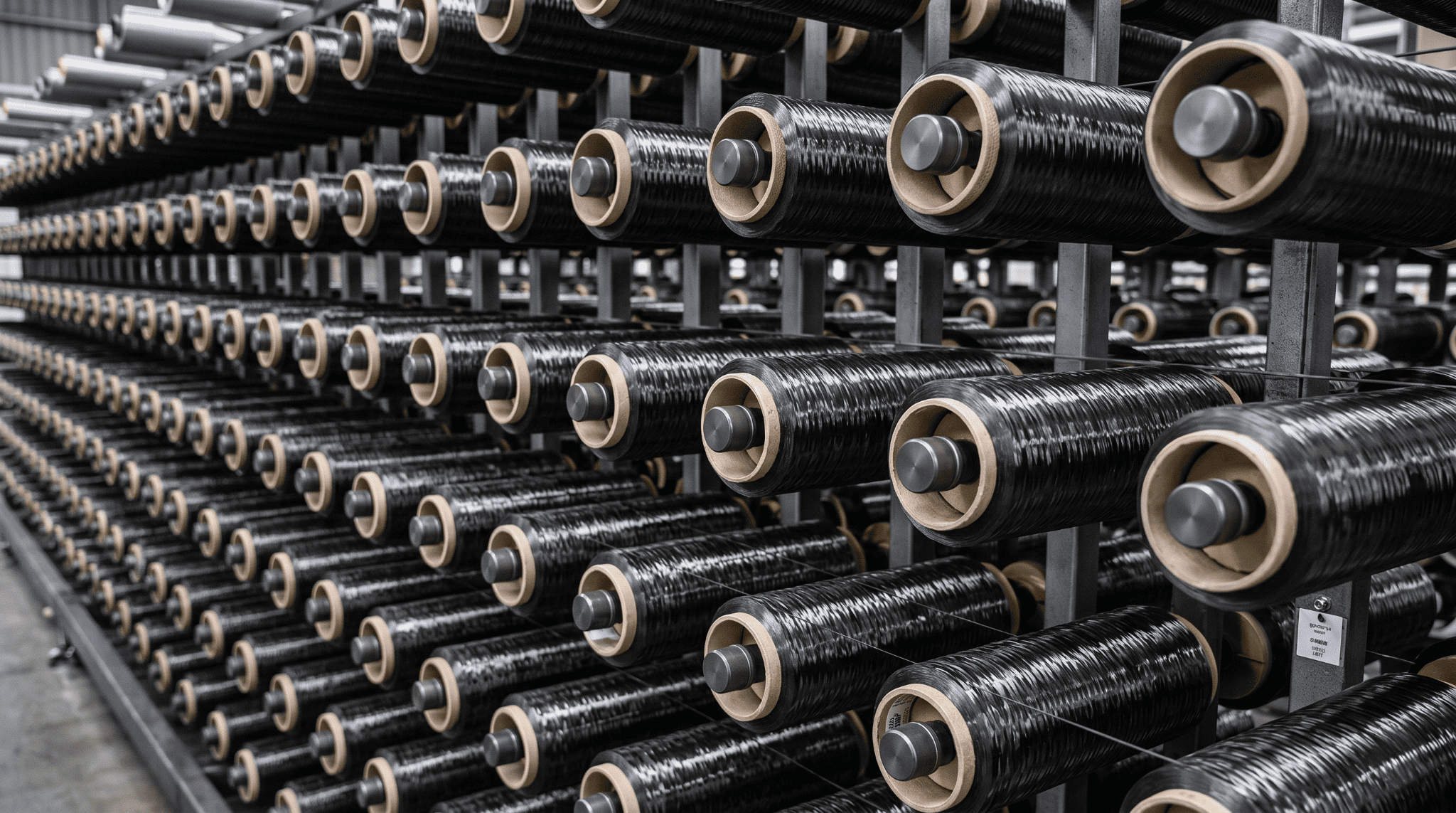Raw carbon fiber tow spools on industrial creel racks