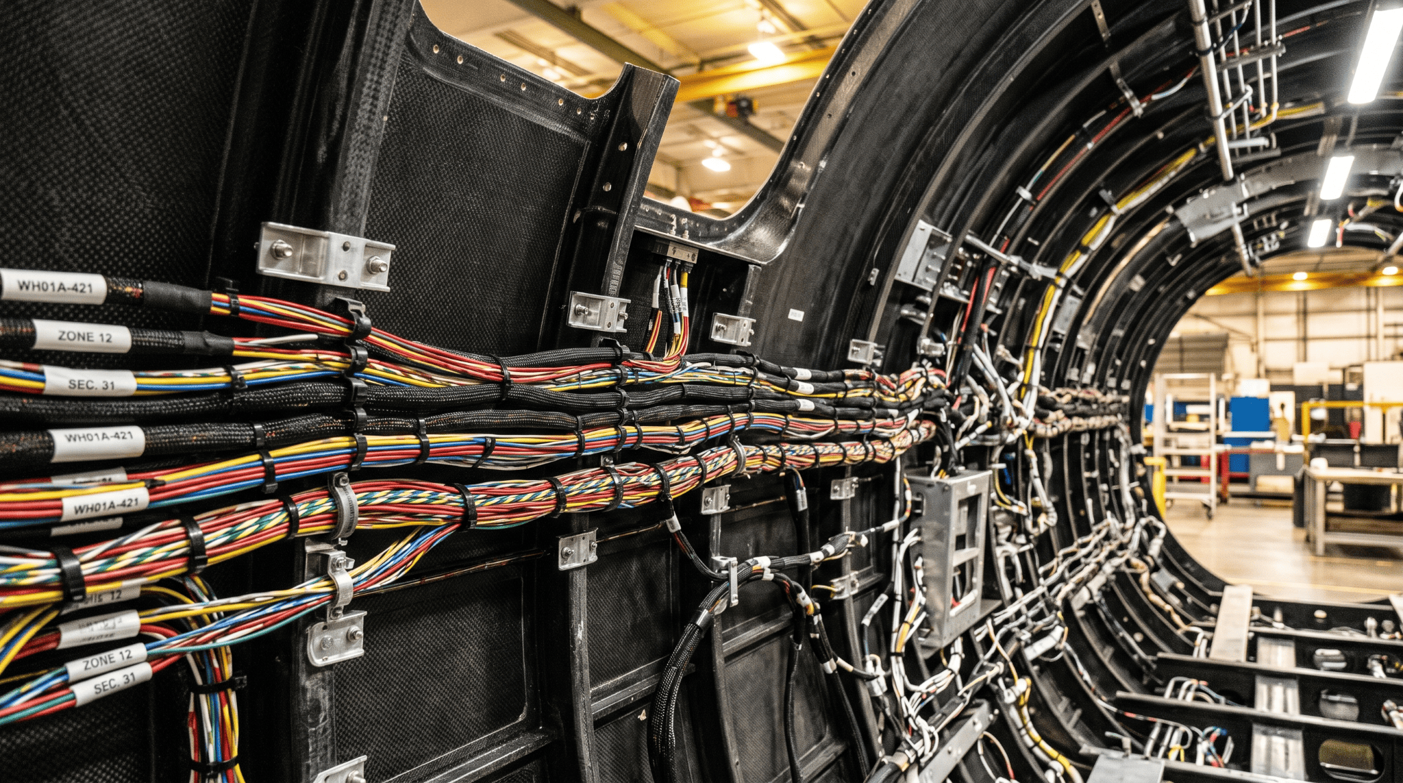 Aircraft wiring harnesses routed along CFRP fuselage panels