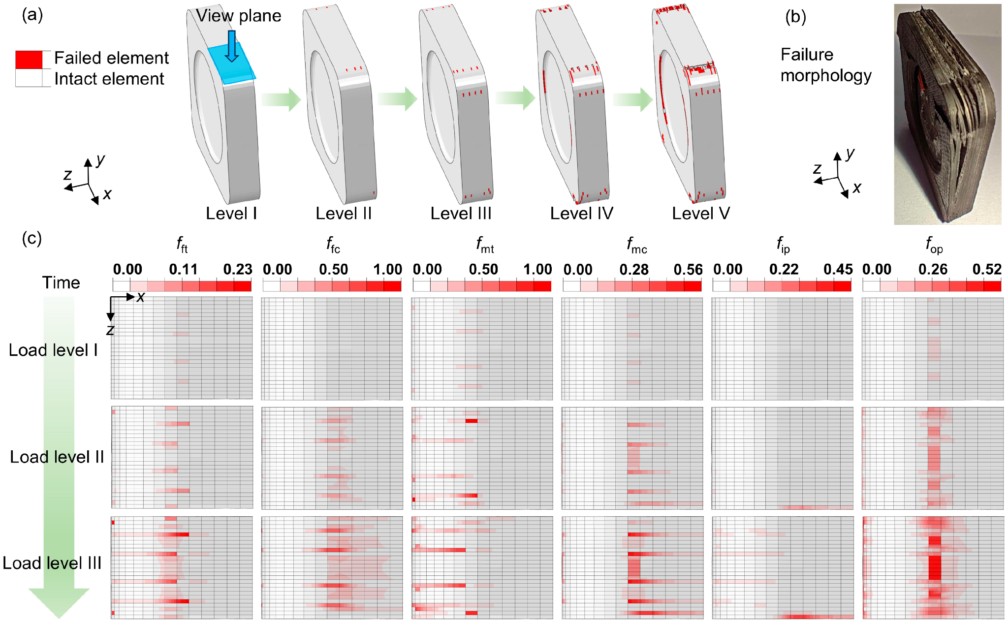FEM damage contour sequence and damage-mode coefficient maps