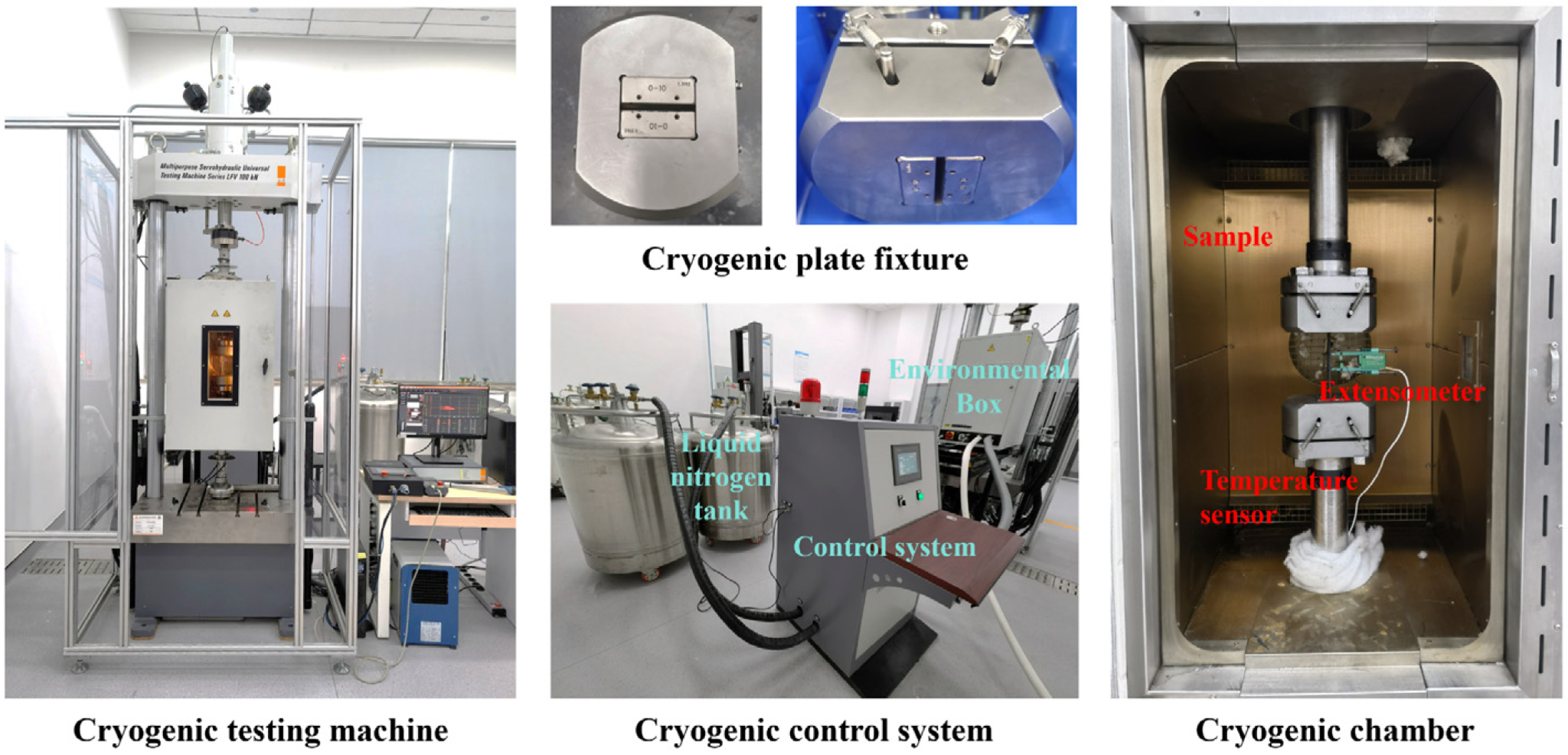 Photographs of the cryogenic tensile testing setup.