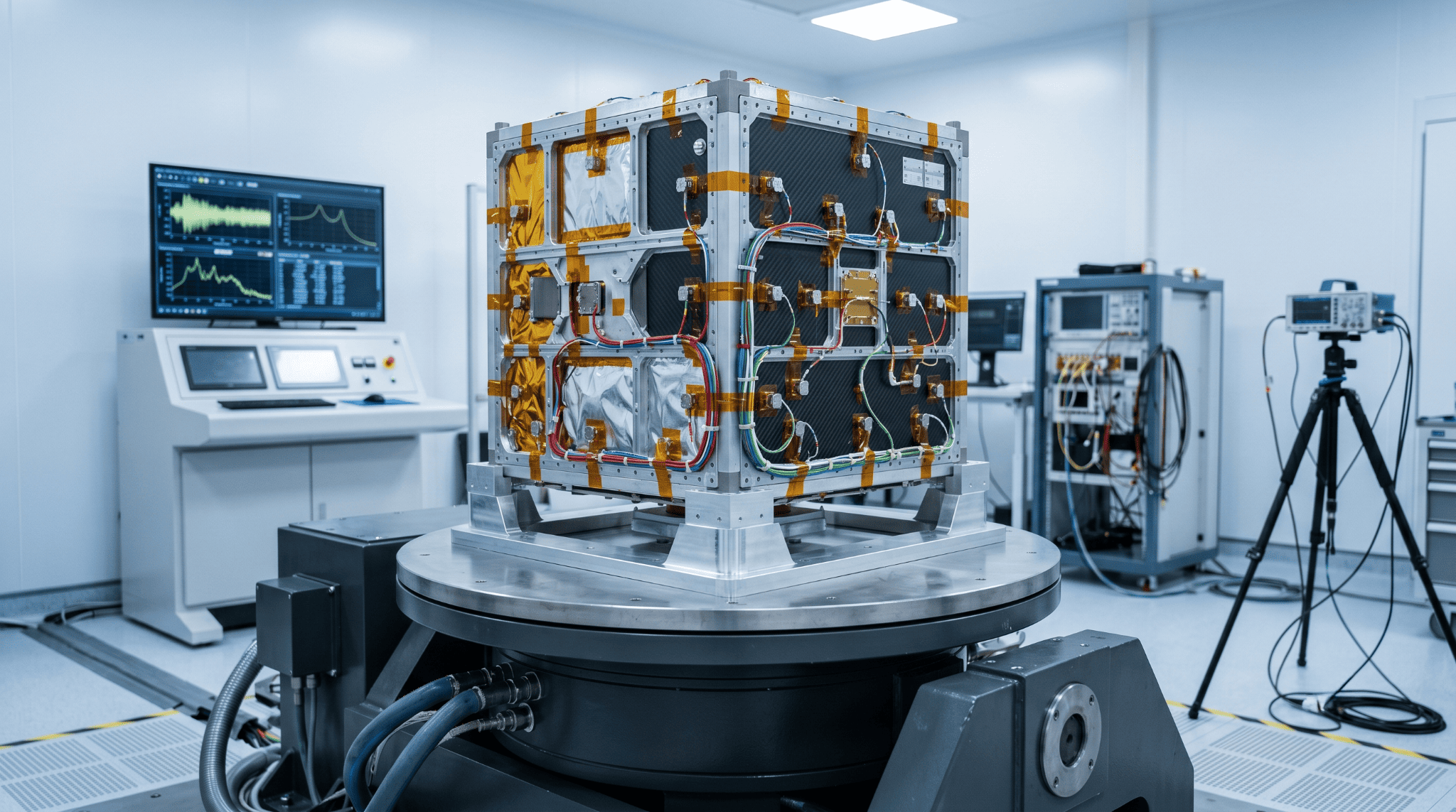 A satellite structure mounted on an electrodynamic shaker table during vibration qualification testing, with accelerometers and sensor wiring distributed across its carbon-fiber composite panels.