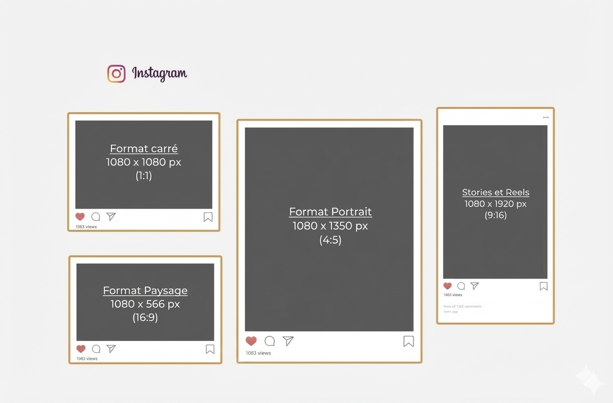 Infographie guide des tailles et dimensions Instagram : Format Carré (1080x1080 px), Portrait (1080x1350 px), Paysage (1080x566 px) et Story/Reels (1080x1920 px) avec leurs ratios respectifs.